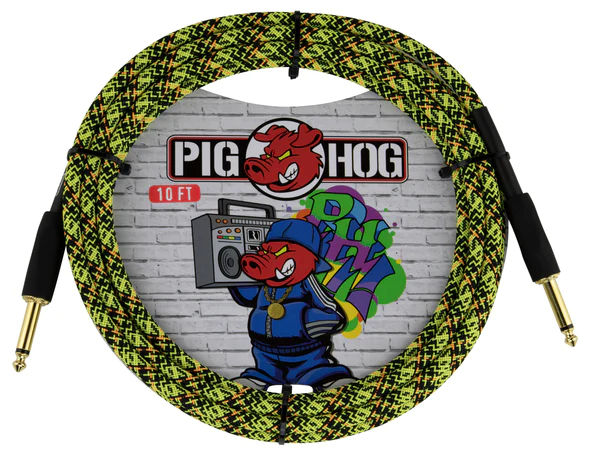 PIG HOG INSTRUMENT CABLE, 10FT STRAIGHT, YELLOW GRAFFITI